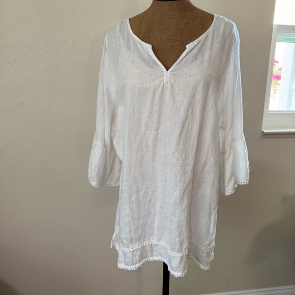 Tahari Tops - Tahari 100% Linen Tunic Top White Pom Pom Trim V-Neck Beach Minimalist Boho 2X​